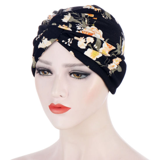 Picture of Black - Polyester Flower Women's Muslim Hijab Turban Hat M（56-58cm）, 1 Piece