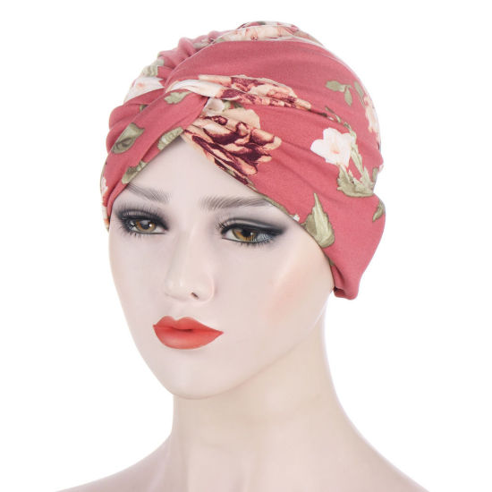 Picture of Deep Pink - Polyester Flower Women's Muslim Hijab Turban Hat M（56-58cm）, 1 Piece