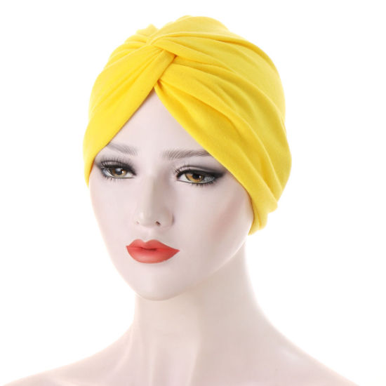 Picture of Yellow - Cotton Elastic Women's Turban Hat Beanie Cap Tied Knot M（56-58cm）, 1 Piece
