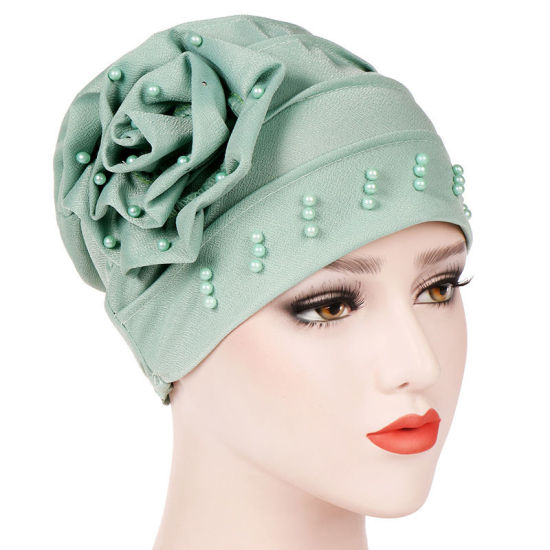 Picture of Mint Green - Cotton Women's Turban Hat Beanie Cap Flower Beaded M（56-58cm）, 1 Piece