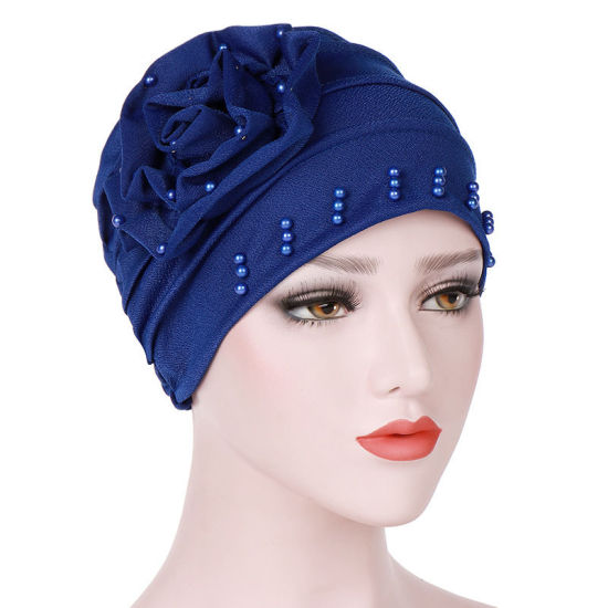 Picture of Royal Blue - Cotton Women's Turban Hat Beanie Cap Flower Beaded M（56-58cm）, 1 Piece