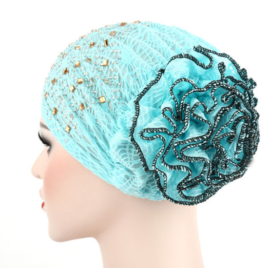 Picture of Skyblue - Cotton Women's Turban Hat Beanie Cap Flower With Hot Fix Rhinestone M（56-58cm）, 1 Piece
