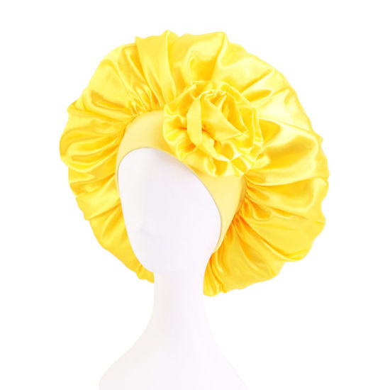 Picture of Yellow - Satin Elastic Night Sleep Cap Hair Care Beauty Bonnet Hat M（56-58cm）, 1 Piece