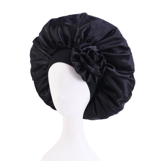 Picture of Black - Satin Elastic Night Sleep Cap Hair Care Beauty Bonnet Hat M（56-58cm）, 1 Piece