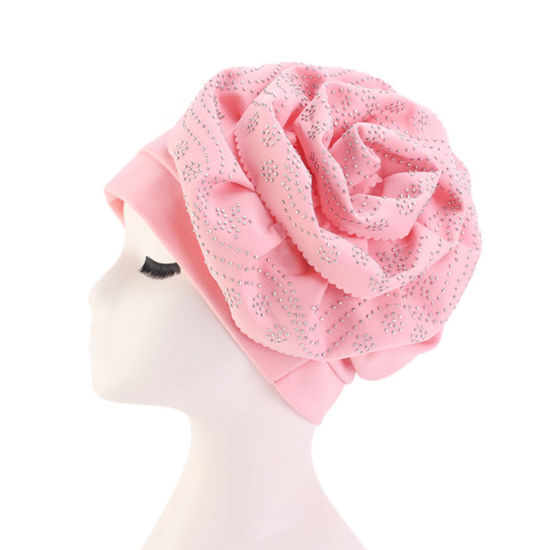 Picture of Pink - Cotton Women's Turban Hat Beanie Cap Flower With Hot Fix Rhinestone M（56-58cm）, 1 Piece