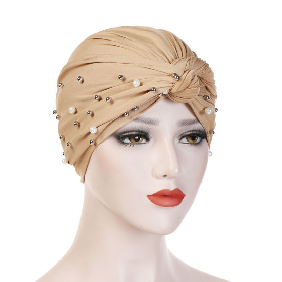 Picture of Khaki - Polyester Elastane Imitation Pearls Beaded Tied Knot Women's Turban Hat M（56-58cm）, 1 Piece