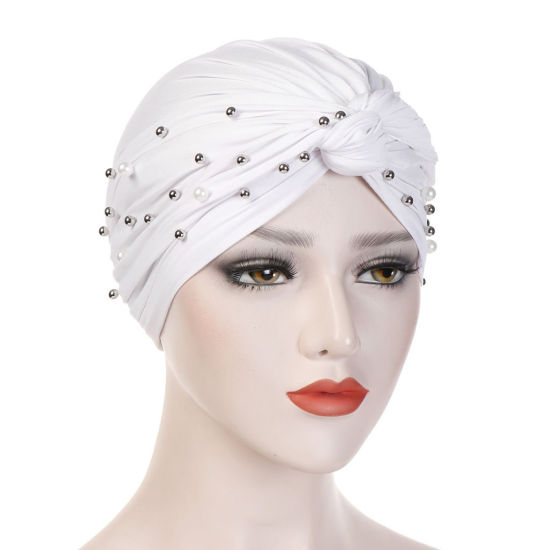Picture of White - Polyester Elastane Imitation Pearls Beaded Tied Knot Women's Turban Hat M（56-58cm）, 1 Piece