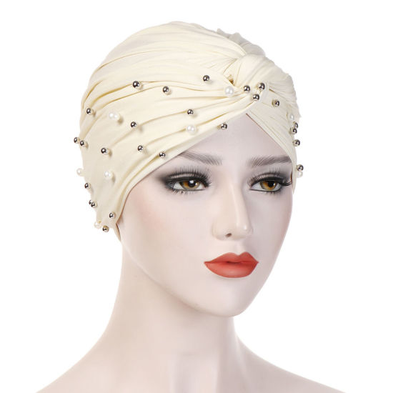 Picture of Creamy-White - Polyester Elastane Imitation Pearls Beaded Tied Knot Women's Turban Hat M（56-58cm）, 1 Piece
