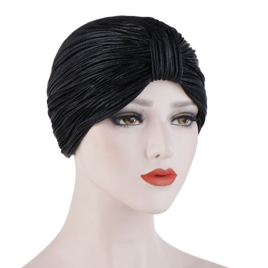 Picture of Black - Polyester Tied Knot Wrinkled Women's Turban Hat M（56-58cm）, 1 Piece
