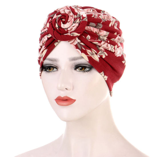 Picture of Wine Red - Polyester Tied Knot Flower Printed Women's Turban Hat M（56-58cm）, 1 Piece