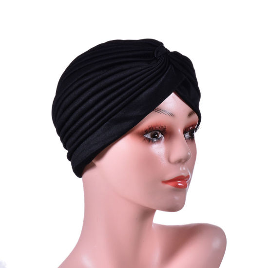 Picture of Black - Polyester Tied Knot Turban Hat Solid Color M（56-58cm）, 1 Piece