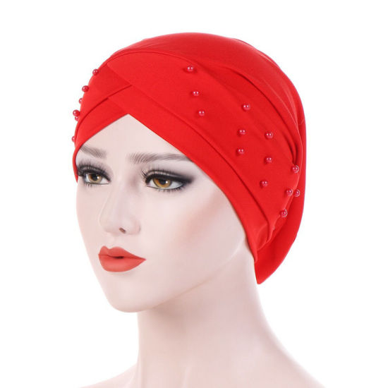 Picture of Red - Beaded Cross Tied Knot Women's Turban Hat M（56-58cm）, 1 Piece
