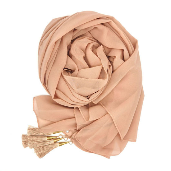 Picture of Peachy Beige - Chiffon Women's Hijab Scarf Solid Color With Tassel 70x175cm, 1 Piece