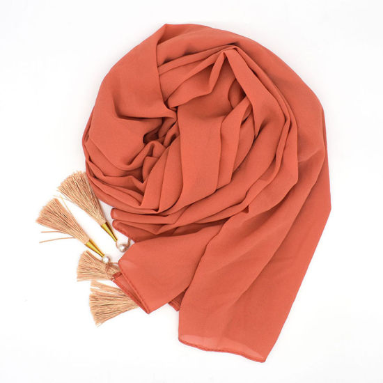Picture of Orange-red - Chiffon Women's Hijab Scarf Solid Color With Tassel 70x175cm, 1 Piece