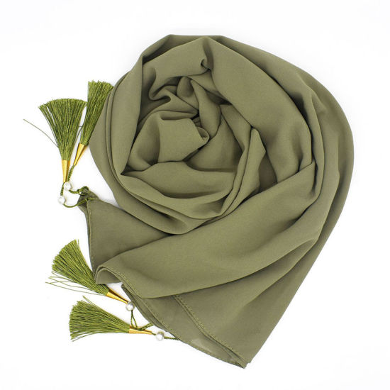 Picture of Olive Green - Chiffon Women's Hijab Scarf Solid Color With Tassel 70x175cm, 1 Piece