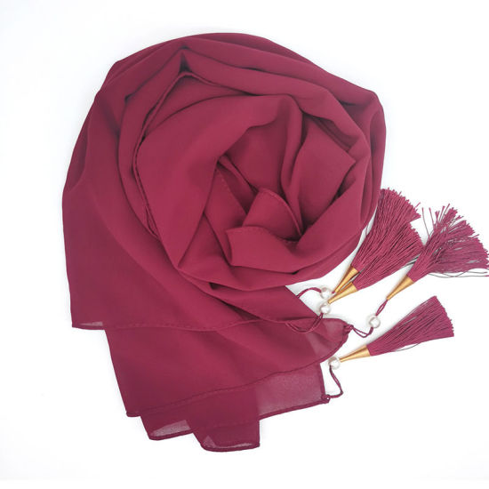 Picture of Fuchsia - Chiffon Women's Hijab Scarf Solid Color With Tassel 70x175cm, 1 Piece
