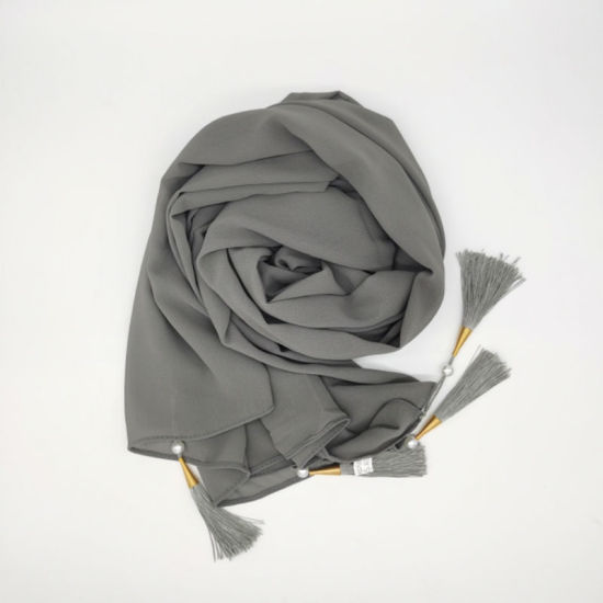 Picture of Smoky Gray - Chiffon Women's Hijab Scarf Solid Color With Tassel 70x175cm, 1 Piece