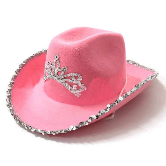 Изображение Pink - Nonwoven Western Cowgirl Rhinestone Hat For Women Girl Tiara Hat Holiday Costume Party 32x42x18cm, 1 Piece