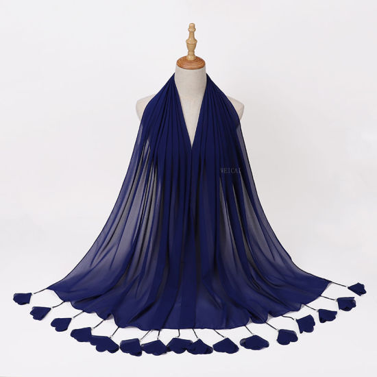 Picture of Royal Blue - 4# Chiffon Women's Hijab Scarf Solid Color Flower Tassel Imitation Pearls 70x180cm, 1 Piece