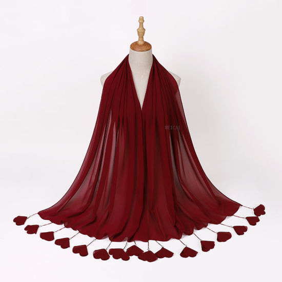 Picture of Wine Red - 5# Chiffon Women's Hijab Scarf Solid Color Flower Tassel Imitation Pearls 70x180cm, 1 Piece
