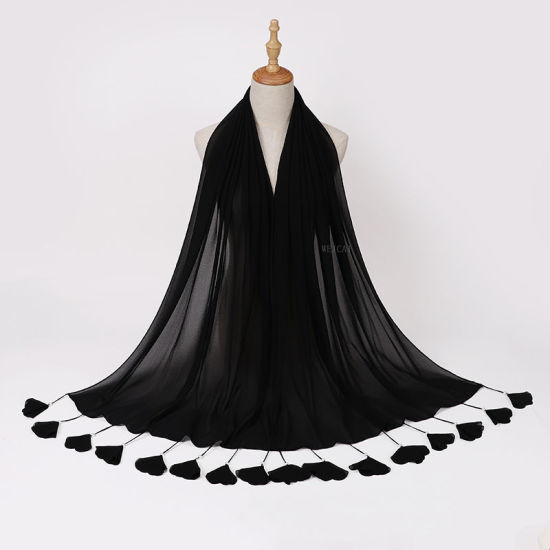 Picture of Black - 6# Chiffon Women's Hijab Scarf Solid Color Flower Tassel Imitation Pearls 70x180cm, 1 Piece