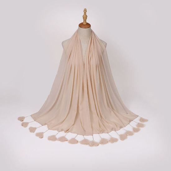 Image de Blanc crémeux - Écharpe Hijab en mousseline de soie 9 # pour femmes, perles d'imitation de fleur de pompon de couleur unie 70x180cm, 1 pièce