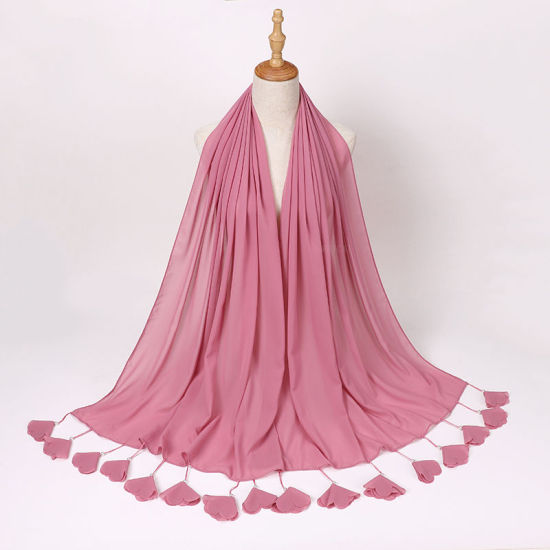 Picture of Pink - 10# Chiffon Women's Hijab Scarf Solid Color Flower Tassel Imitation Pearls 70x180cm, 1 Piece
