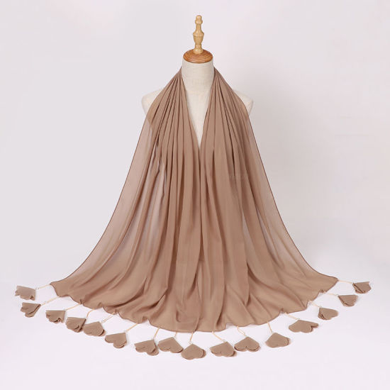 Image de Kaki clair - 11 # écharpe hijab en mousseline de soie pour femmes, couleur unie, fleur, gland, perles d'imitation 70x180cm, 1 pièce