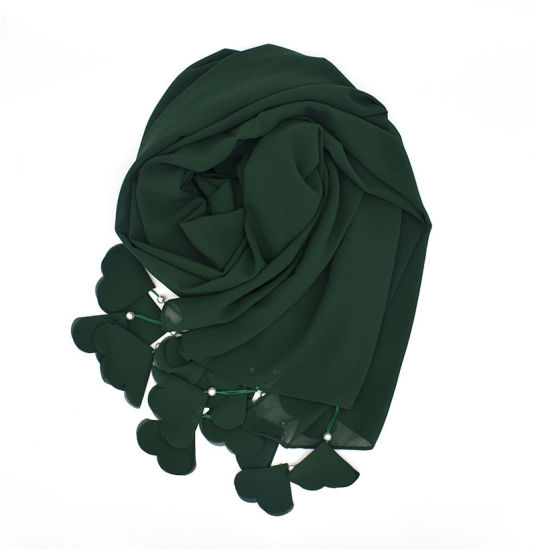 Picture of Emerald - 15# Chiffon Women's Hijab Scarf Solid Color Flower Tassel Imitation Pearls 70x180cm, 1 Piece