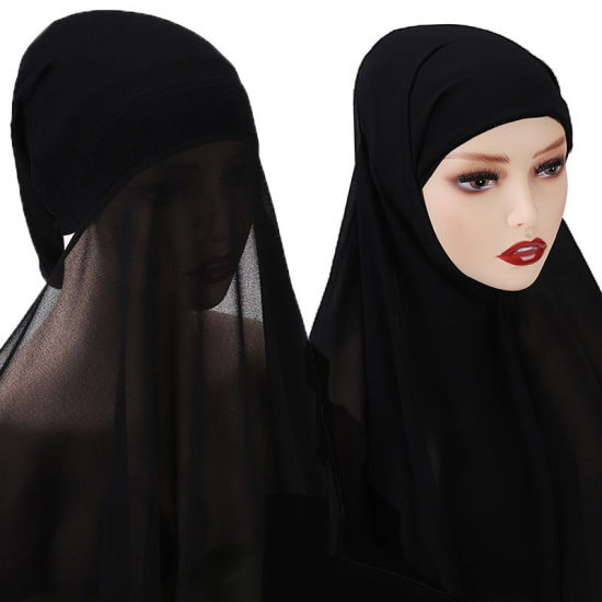 Picture of Black - 1# Chiffon Women's Turban Hat Hijab Scarf Solid Color 70x175cm, 1 Set