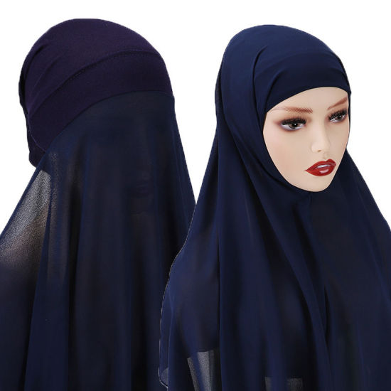 Picture of Navy Blue - 2# Chiffon Women's Turban Hat Hijab Scarf Solid Color 70x175cm, 1 Set