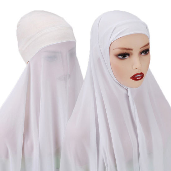 Picture of White - 4# Chiffon Women's Turban Hat Hijab Scarf Solid Color 70x175cm, 1 Set