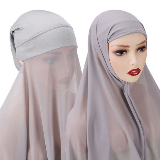 Picture of French Gray - 5# Chiffon Women's Turban Hat Hijab Scarf Solid Color 70x175cm, 1 Set