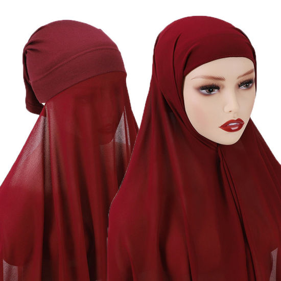 Picture of Red - 6# Chiffon Women's Turban Hat Hijab Scarf Solid Color 70x175cm, 1 Set