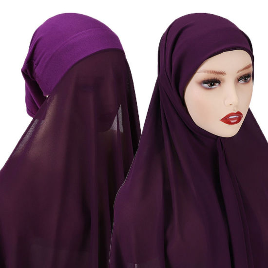 Picture of Dark Purple - 7# Chiffon Women's Turban Hat Hijab Scarf Solid Color 70x175cm, 1 Set