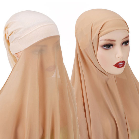 Picture of Khaki - 8# Chiffon Women's Turban Hat Hijab Scarf Solid Color 70x175cm, 1 Set