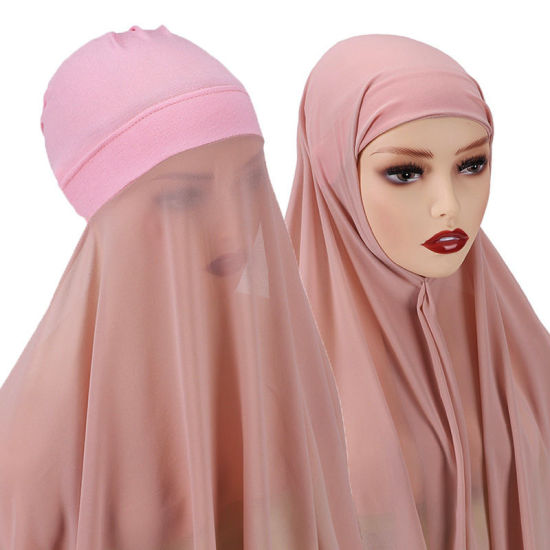 Picture of Pink - 9# Chiffon Women's Turban Hat Hijab Scarf Solid Color 70x175cm, 1 Set