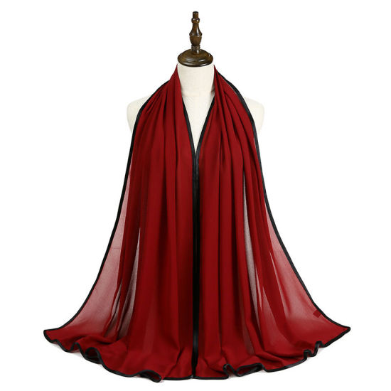 Picture of Wine Red - 3# Chiffon Women's Hijab Scarf Wrap Solid Color Black Edging 70x175cm, 1 Piece