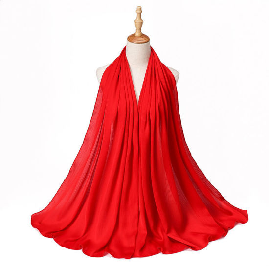 Picture of Red - 14# Polyester Crinkle Chiffon Women's Hijab Scarf Wrap Solid Color 70x175cm, 1 Piece