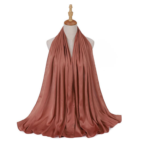Picture of Light Brown - 28# Polyester Crinkle Chiffon Women's Hijab Scarf Wrap Solid Color 70x175cm, 1 Piece