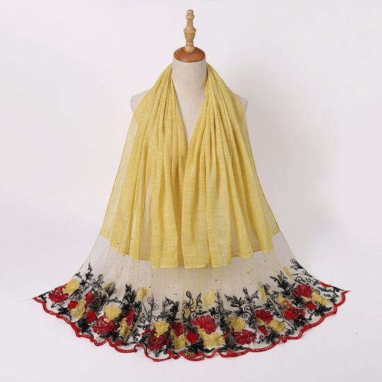Picture of Yellow - 7# Lace Flower Women's Hijab Scarf Wrap Hot Fix Rhinestone 85x180cm, 1 Piece