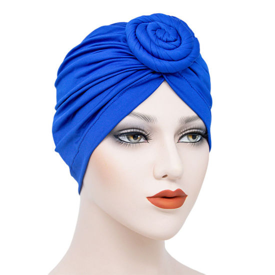 Picture of Blue - 4# Polyester Elastane Spiral Tied Knot Women's Turban Hat Solid Color M（56-58cm）, 1 Piece