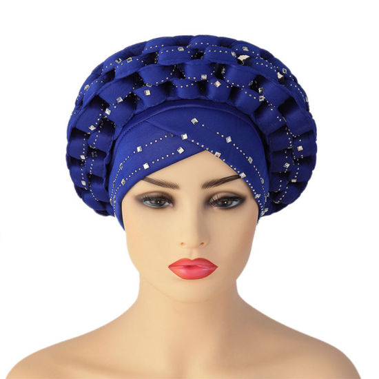 Picture of Blue - 2# African Style Adjustable Women's Turban Hat With Hot Fix Rhinestone M（56-58cm）, 1 Piece