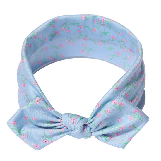 Picture of Blue - 3# Flower Bowknot Cotton Elastic Headband For Baby Girls Newborn Infant 21x6cm, 1 Piece