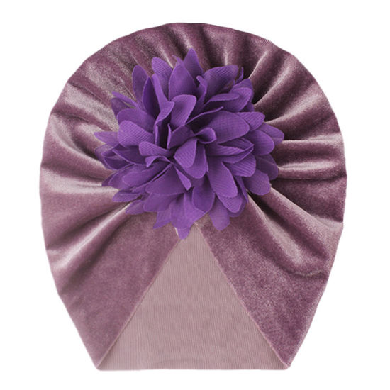 Picture of Purple - Big Flower Velvet Turban Hat Beanie Bonnet For 0-2 Years Old Baby Girls Newborn Infant 38cm - 42cm long, 1 Piece