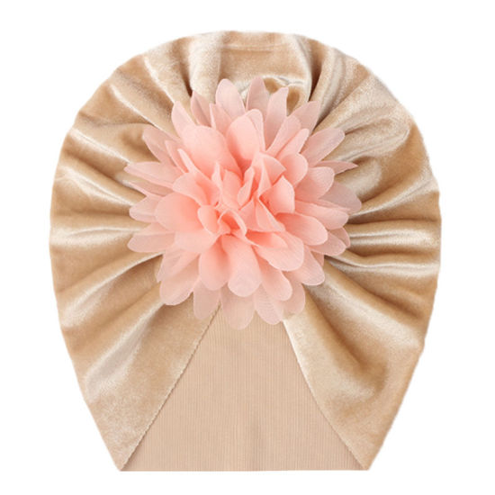 Picture of Orange Pink & Light Khaki - Big Flower Velvet Turban Hat Beanie Bonnet For 0-2 Years Old Baby Girls Newborn Infant 38cm - 42cm long, 1 Piece