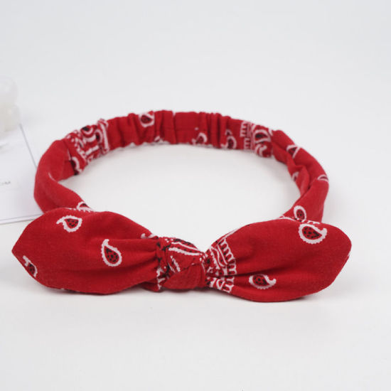 Picture of Red - 1# Paisley Printed Girls Rabbit Ears Bow Polyester Elastic Headband Head Wrap For Sports 24x5cm, 1 Piece