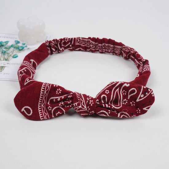 Picture of Wine Red - 2# Paisley Printed Girls Rabbit Ears Bow Polyester Elastic Headband Head Wrap For Sports 24x5cm, 1 Piece