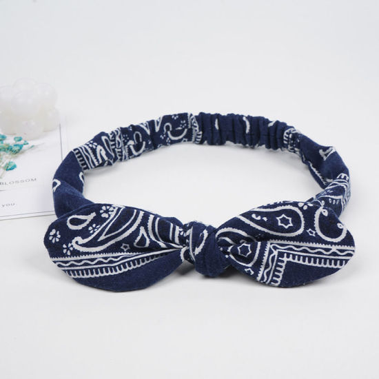Picture of Navy Blue - 5# Paisley Printed Girls Rabbit Ears Bow Polyester Elastic Headband Head Wrap For Sports 24x5cm, 1 Piece