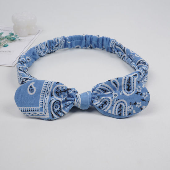 Picture of Skyblue - 6# Paisley Printed Girls Rabbit Ears Bow Polyester Elastic Headband Head Wrap For Sports 24x5cm, 1 Piece